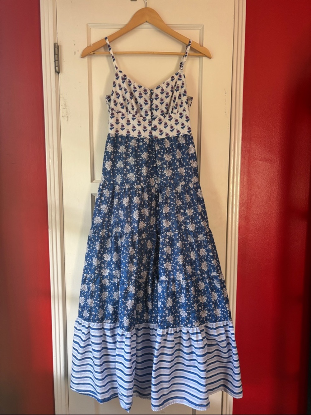 J. Crew Blue and White Floral Tiered Maxi Dress